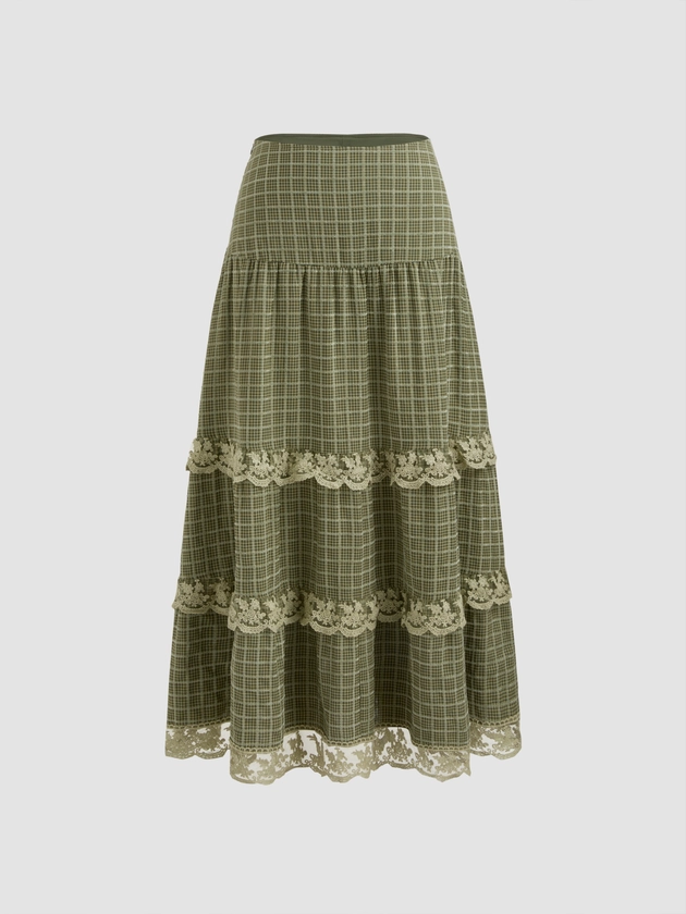 Woven High Rise Check Lace Tiered Maxi Skirt For Vacation