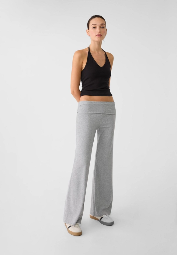 Pantalon wide leg taille retroussée côtelée