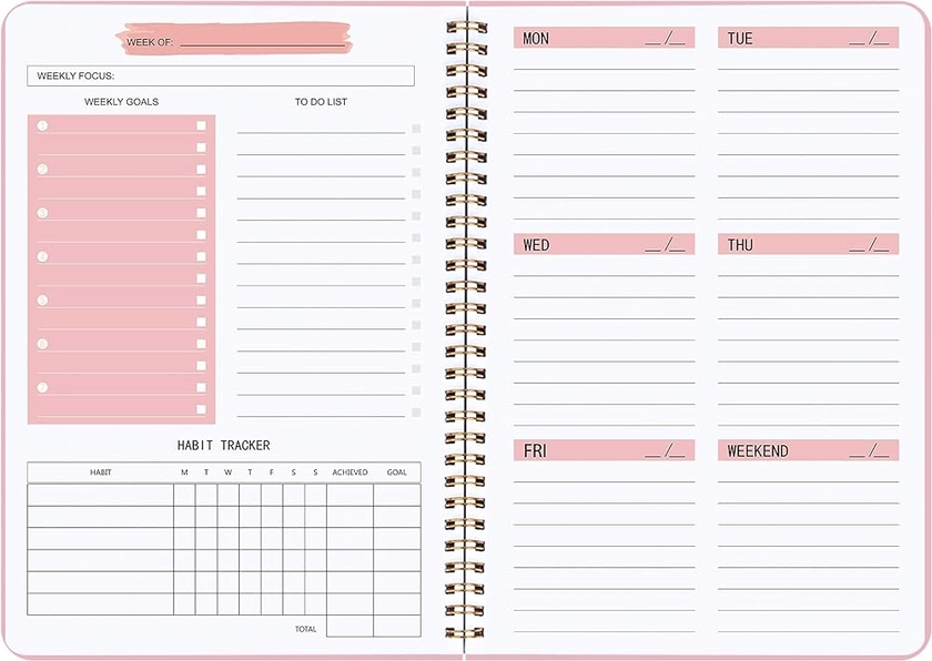 To Do List Notebook - Undated Weekly Planner Dairy A5 Spiral Productivity Checklist Organizer 52 Tear Off Pages with Habit Tracker PINK