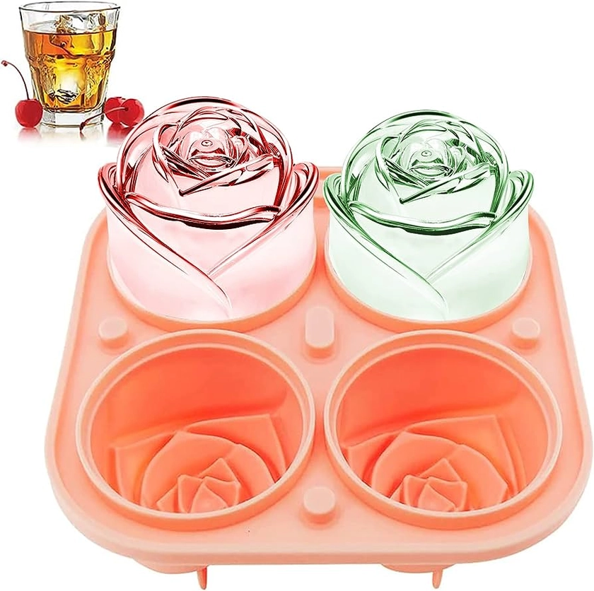 2.4 Inch Large Rose Ice Cube Trays FDA Silicone Round Ice Cube Mold BPA Free Ice Trays for Freezer with Lid Ice Ball Maker Mold for Whiskey Cocktails Bourbon Juice(Pink)