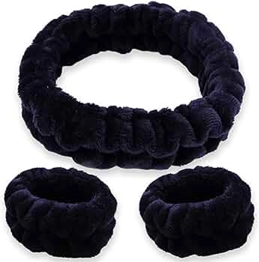 FROG SAC Puffy Spa Headband and Wristbands for Face Washing, Fuzzy Skincare Headbands for Women, Soft Makeup Skin Care Hair Accessories for Girls, Bubble Make Up Sleepover Party Supplies (Black)
