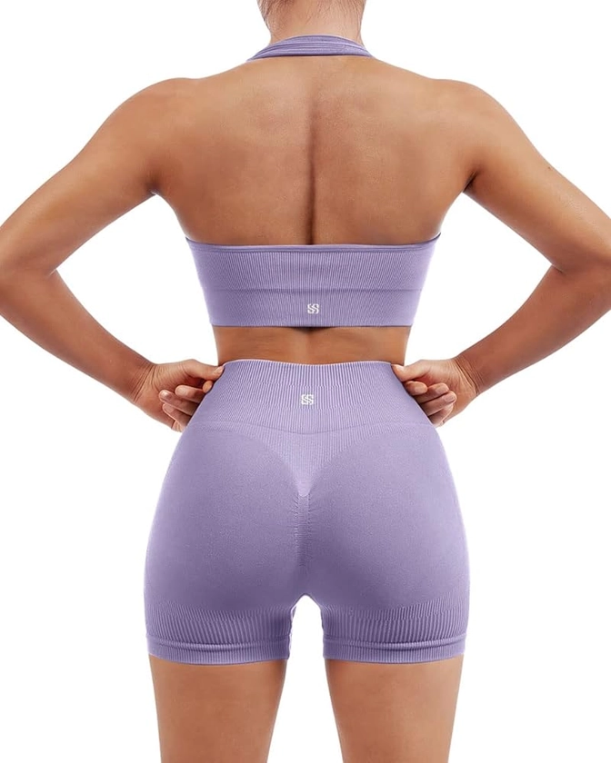 SUUKSESS Women Seamless Ribbed Workout Set Backless Sports Bra Booty Biker Short