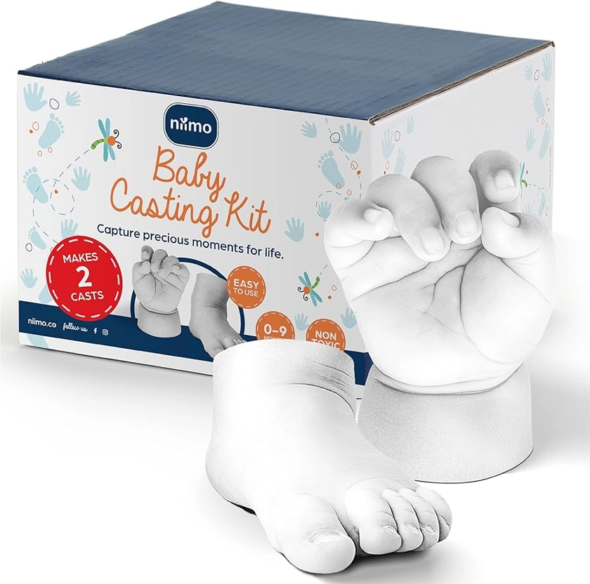 Niimo Baby Casting Kit 3D for Hand and Feet - Skin-Safe & Non-Toxic Foot & Hand Casting Kit with 2 Bags of Alginate & 2 Bags of Casting Powder, Personalised Baby Keepsake Gift, Makes 2 Casts
