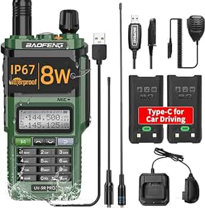 BAOFENG UV-9R Pro 8W Ham Radio Long Range Handheld Dual Band Tri- Power Waterproof Rechargeable Walkie Talkies with Programming Cable,Speaker Mic and Type-C Charging Cable for Hunting Survival Gear