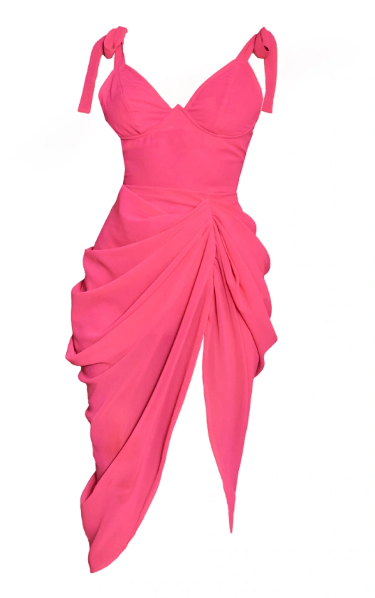 Robe mi-longue rose vif drapée détail armatures