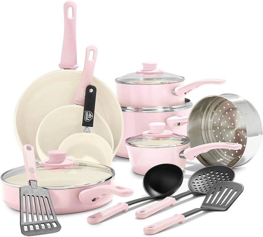 Amazon.com: GreenLife Soft Grip Healthy Ceramic Nonstick 16 Piece Kitchen Cookware Pots and Frying Sauce Saute Pans Set, PFAS-Free with Kitchen Utensils and Lid, Dishwasher Safe, Soft Pink: Home & Kitchen