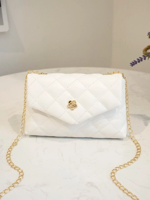 Mini Fashionable Stitched Rhombic Flap Chain Shoulder Bag For Women, White | SHEIN USA