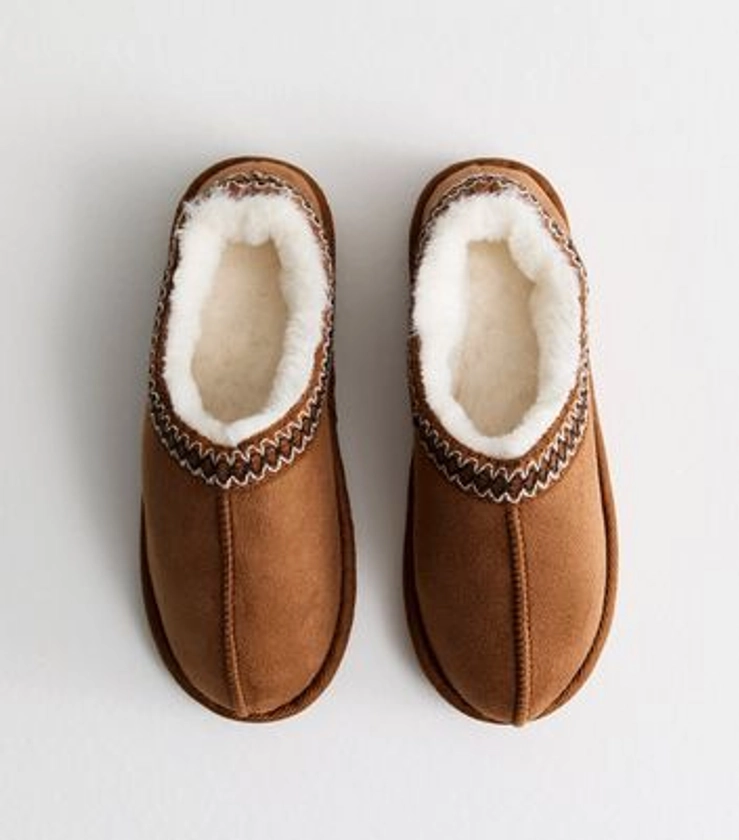 Tan Faux Fur Lined Abstract Print Trim Slipper Boots