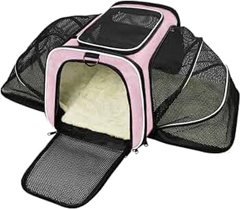 Cat Carrier Airline Approved Pet Carrier, Expandable Foldable Soft-Sided Dog Carrier, 3 Open Doors, 2 Reflective Tapes, Pet Travel Bag Safe and Easy for Cats and Dogs(Pink)