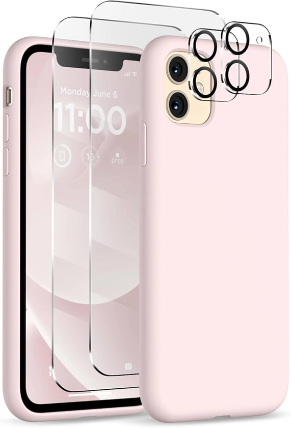 for iPhone 11 Phone Case, [2X Screen Protector + 2X Camera Protector], Liquid Silicone Ultra Slim Shockproof Protective Cover, Soft Microfiber Lining with iPhone 11 Case 6.1", Lovely Pink