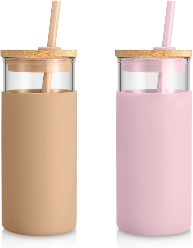 tronco 20oz Glass Tumbler Straw Silicone Protective Sleeve Bamboo Lid - BPA Free (Pink Amber)