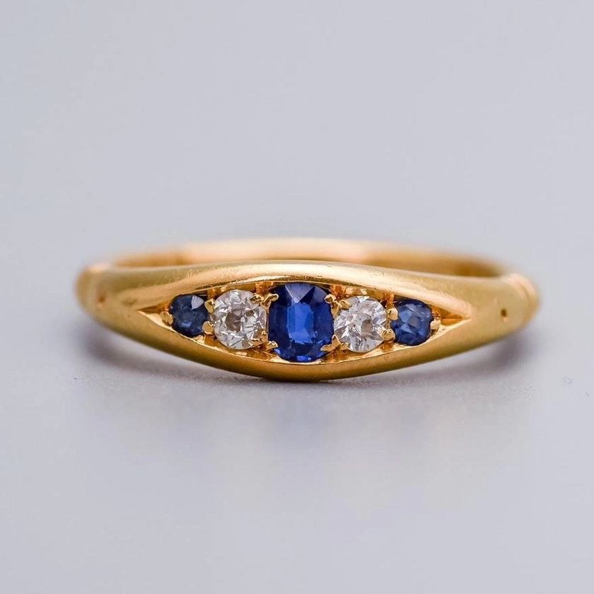 18K Gold Edwardian Sapphire and Diamond Boat Ring — Don Laurence Jewellery