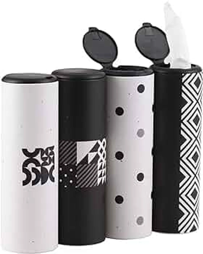 Car Tissue Holder with Facial Tissues Bulk - 4 PK Car Tissues Cylinder with Cap, Tissue Holder for Car, Travel Tissues for Car Cup Holder, Refill Car Tissue Box Round Container