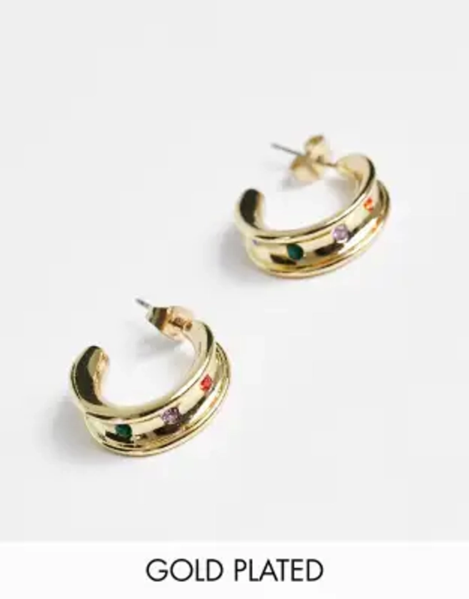 Pieces exclusive 18k plated chunky hoop with rainbow stones in gold | ASOS