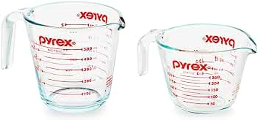 Pyrex 2 Piece Glass Measuring Cup Set, Includes 1-Cup, and 2-Cup Tempered Glass Liquid Measuring Cups, Dishwasher, Freezer, Microwave, and Preheated Oven Safe, Essential Kitchen Tools