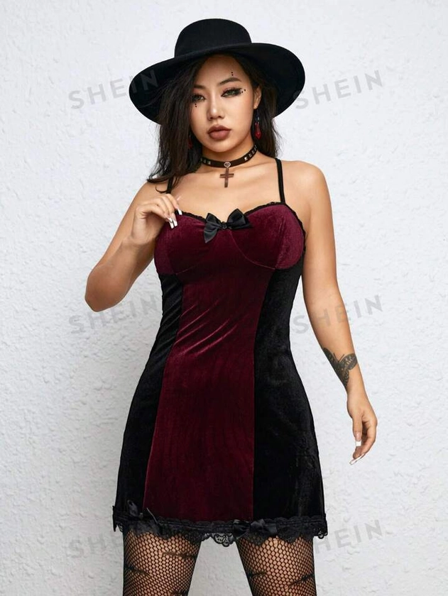 ROMWE Goth Color Block Velvet Bow Decorated Lace Trimmed Spaghetti Strap Dress