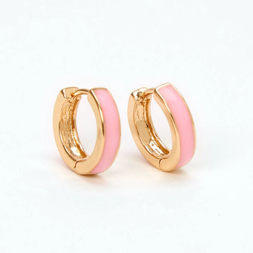 Gold & Pink Enamel 15MM Huggie Hoop Earrings