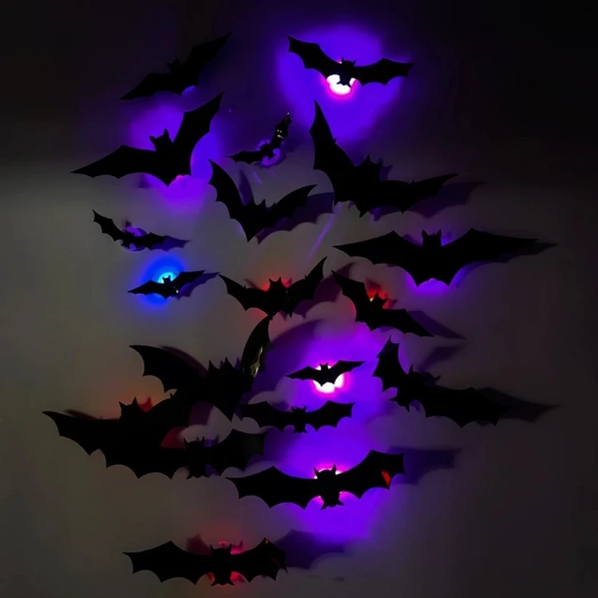 12/24pcs Halloween New Night Light Bat PET Stereoscopic Bat Festival Party Decoration LED Night Light Wall Decal - AliExpress