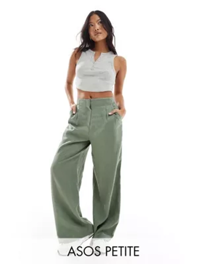 ASOS DESIGN Petite - Pantalon taille haute à pinces en lin mélangé - Kaki | ASOS