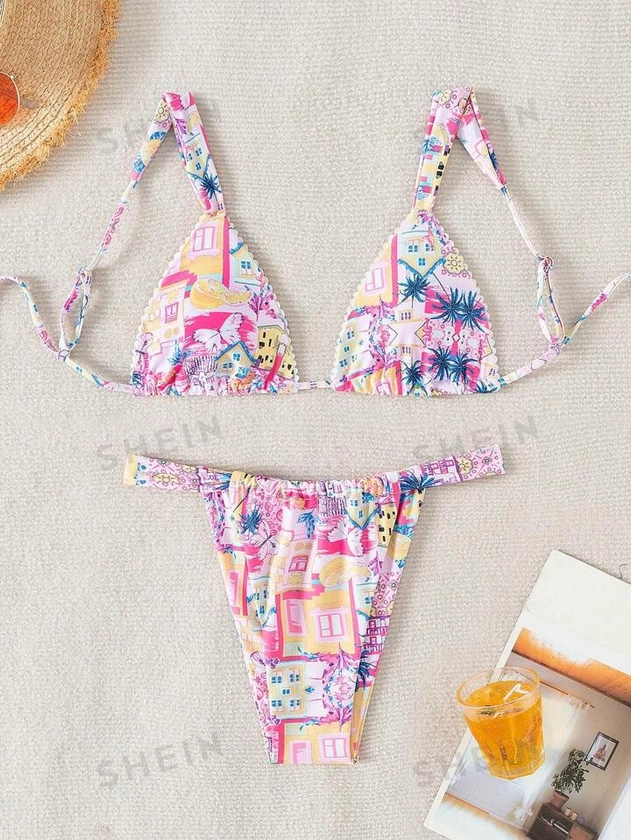 SHEIN Swim Vcay Summer Beach Women's Coconut Tree & Fruit Printed Bikini Set | SHEIN UK