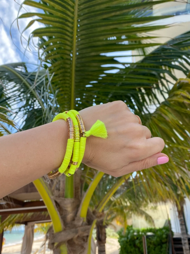 Neon Yellow Bracelet Set, Neon Bracelets, Neon Jewelry, Boho Bracelets, Stretchy Bracelet, Neon Yellow Bracelet, Sustainable Jewelry - Etsy