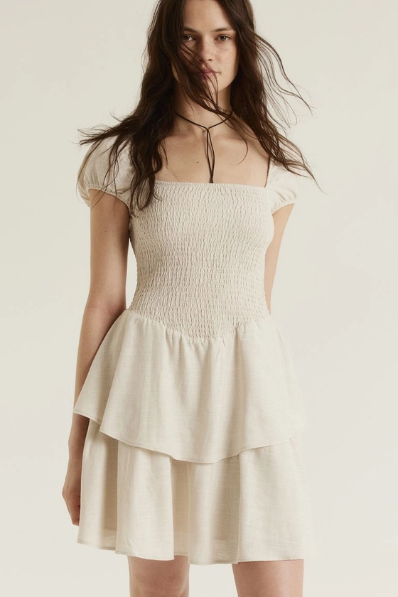 Tiered-skirt Smocked Dress - Square Neckline - Short sleeve - Light beige - Ladies | H&M US