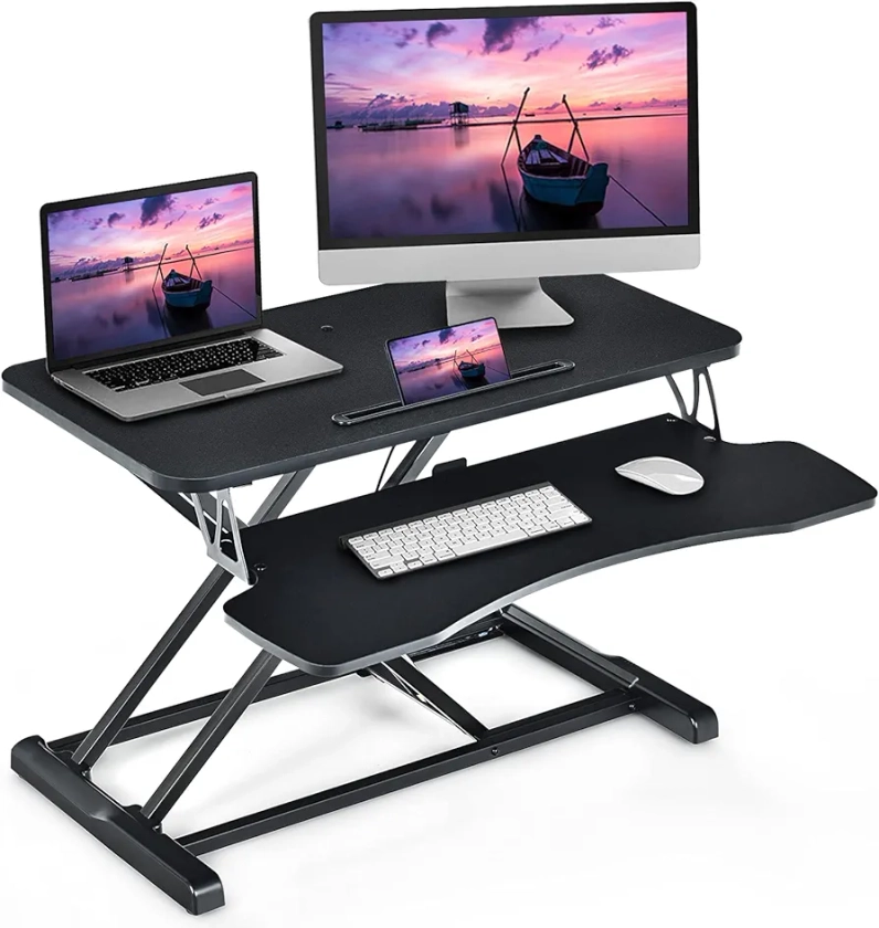 Giantex Standing up Desk, Height Adjustable Stand Up Desk Riser w/ Large Platform & Tablet Holder, Gas Spring Ergonomic Sit Stand Desk Converter for Keyboard, Monitor or Laptop (Black)
