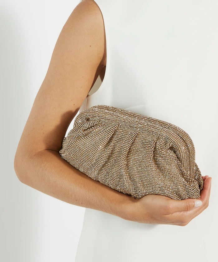 Elegent Gold, Embellished Mesh Clutch Bag | Dune London