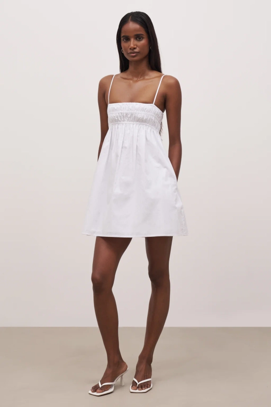 Ruched Cotton Mini Dress - White