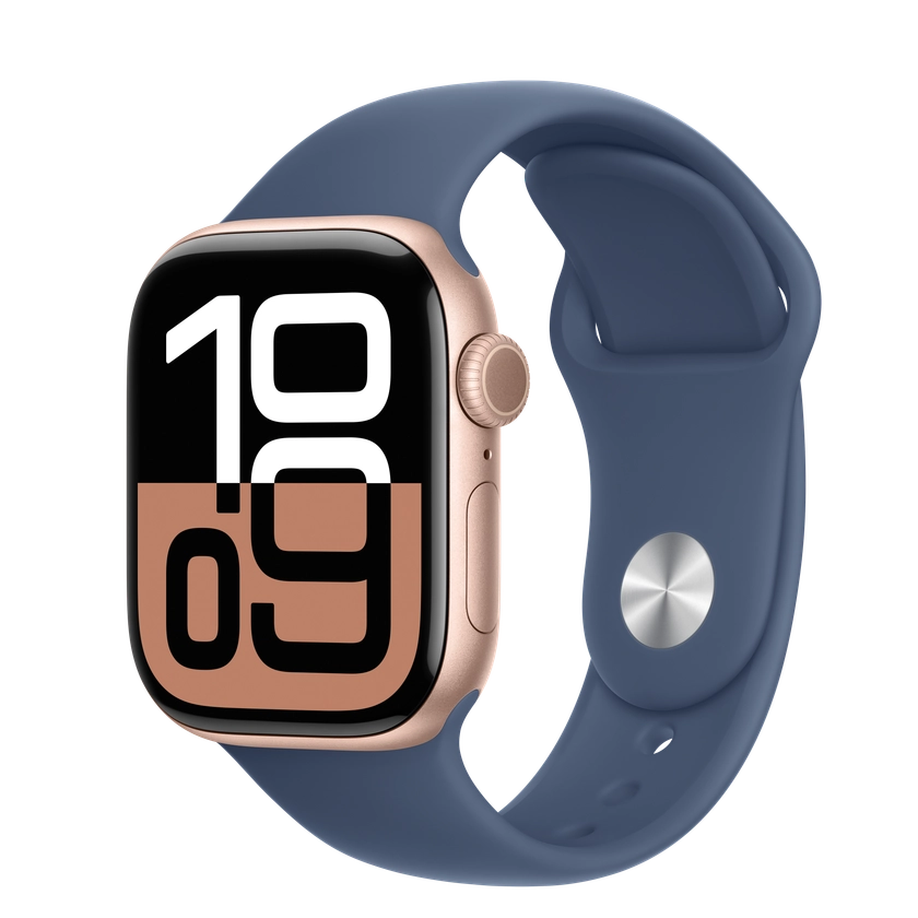 Apple Watch Series 10 GPS, Boîtier en aluminium or rose 42 mm, Bracelet Sport denim - S/M