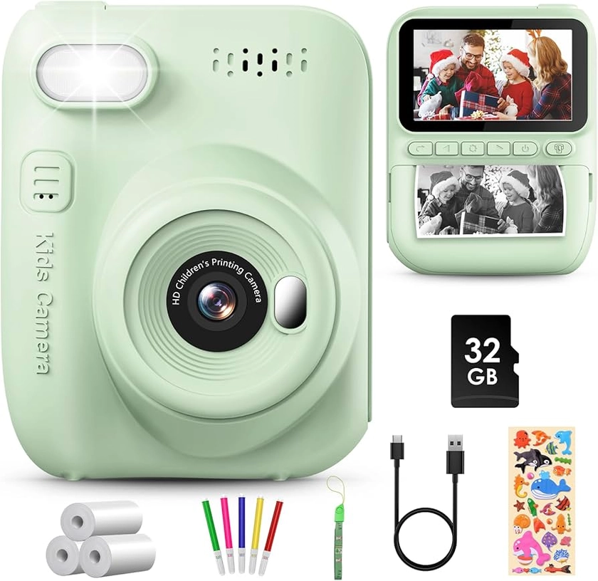 GREENKINDER Appareil Photo Instantané Enfant, 3.0" Grand Écran 14 MP Appareil Photo Enfant avec Carte de 32 Go & Papier d'impression, Appareil Photo Numérique Enfant Cadeau pour Enfants 3-12 Ans