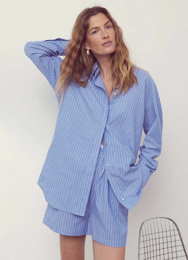 Blue Stripe Cotton Shirt & Short Set