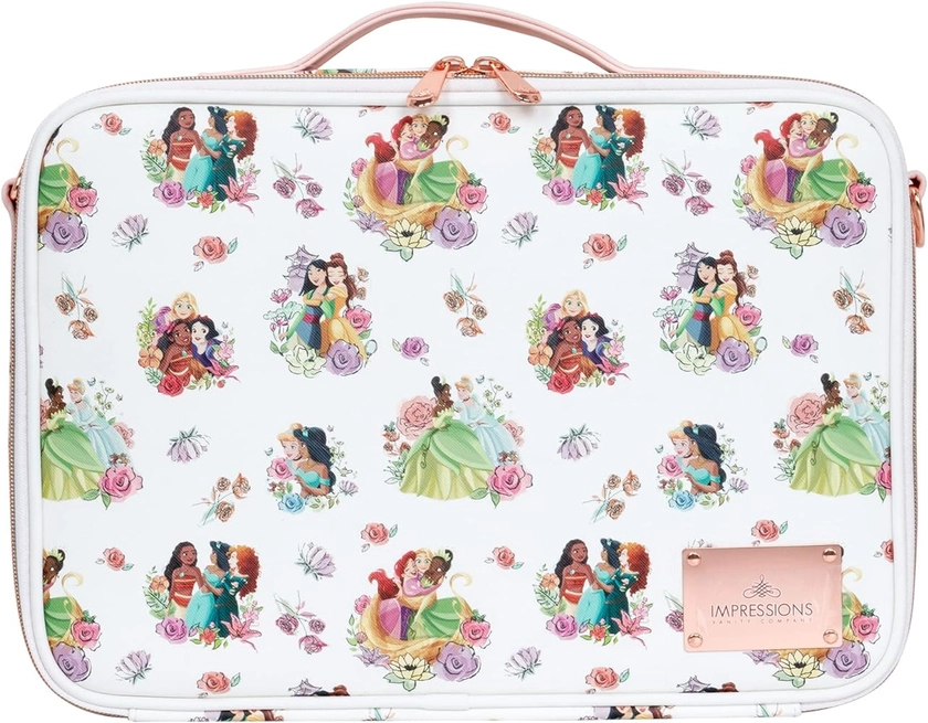 Impressions Vanity Disney Princess Dream Makeup Organizer Bag with Adjustable Dividers, Handheld Cosmetic Bag with Badge Holder, Cosmetic Shoulder Travel Essentials Bag with Detachable Strap