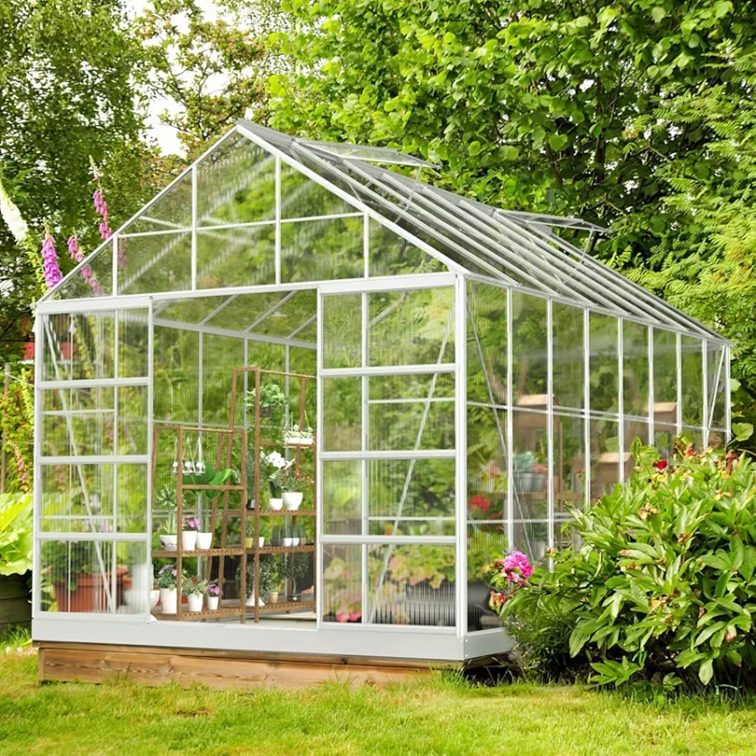 MELLCOM 10' x 16' Outdoor Aluminum Greenhouse Polycarbonate with Adjustable Roof Vent and Sliding Door for Backyard Garden in Winter