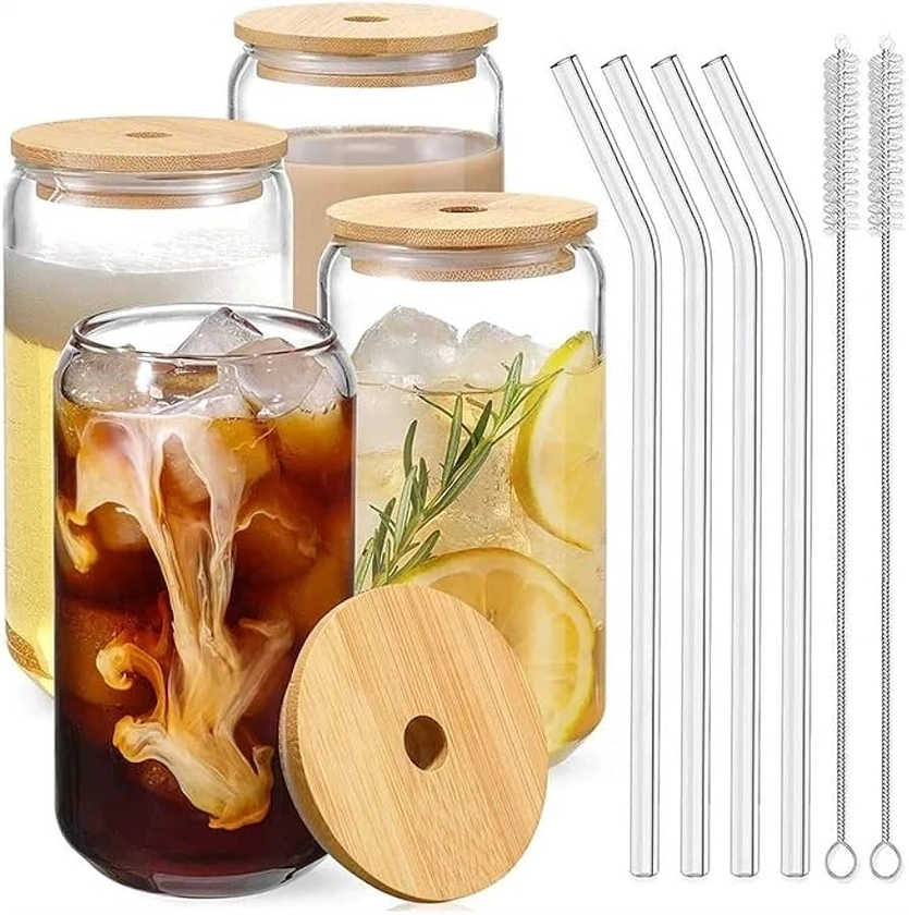 Grippystore -4pcs Glass Cup w/lids straws and Cleaning brushes perfect for drinks hot or cold dishwasher safe