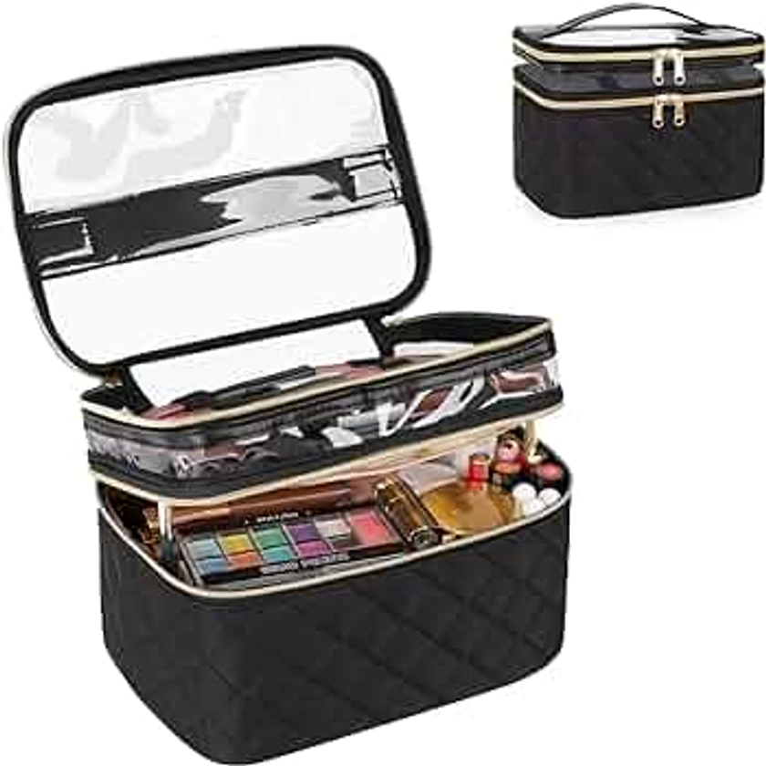 OCHEAL Makeup Bag, Double layer Cosmetic Cases Travel Makeup Organizer Toiletry Bags Large Make Up Bag For Women Girls with Adjustable Dividers and Brush Organize Area -Black Rhombus