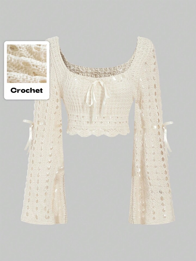 Our Kawaii Summer Crochet Solid Color Hollow Knit Cropped Sweater, School is such a vibe - ROMWE