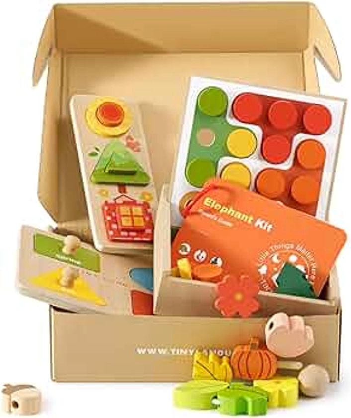 Tiny Land Montessori Toy Set for Babies 18-24 Months - 4-in-1 Wooden Learning Toys with Color Sorting, Lacing Beads, Shape Matching, and Seasons Puzzles