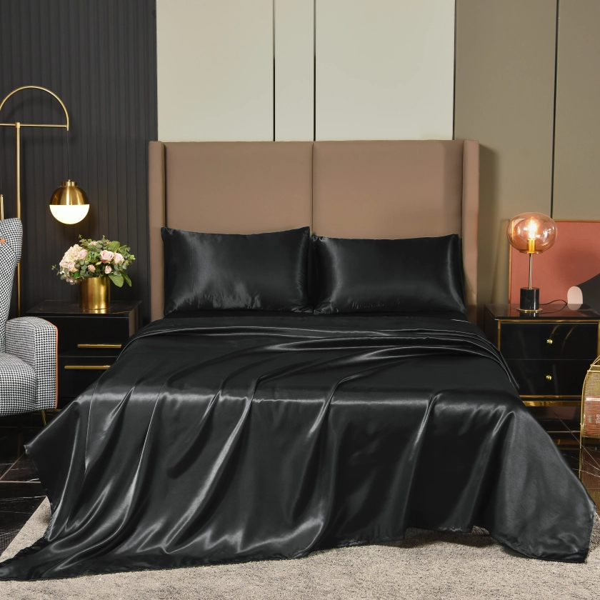 NTBED Satin Sheets Queen Black Luxury Silky Bed Sheets 1800 Microfiber Sheet Set 4 Pcs