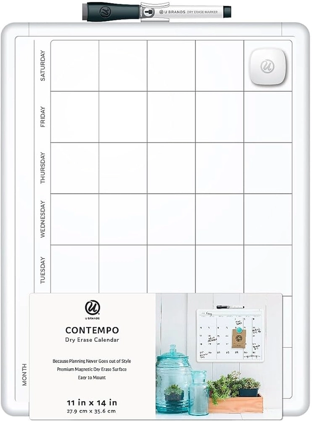 U Brands Magnetic Dry Erase Calendar Board, 14"x11", Modern White Frame, Includes Marker and Magnet