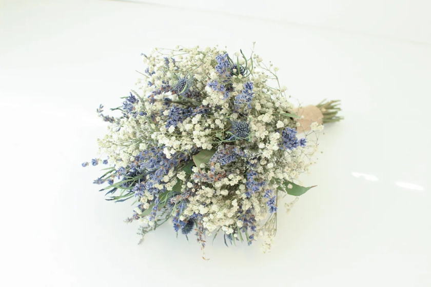 Lavender Blue Thistle Bouquet Wedding / Babies Breath Bouquet With Eucalyptus Leaves / Dry Lavender Bridesmaid Bouquet / Rustic Bouquet - Etsy UK