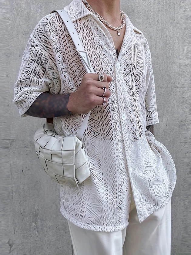Men&#39;s Plus Size Mesh Lace Transparent Fashion Streetwear, Lapel Short Sleeve Button Up Shirt For Party