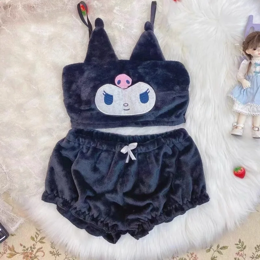 Pijamas Kawaii Anime Kuromi, My Melody, Pompón, Purin, Hello Kitty, Top de tubo de felpa cálido, ropa de salón de imprimación, traje, regalos de vacaciones, Invierno