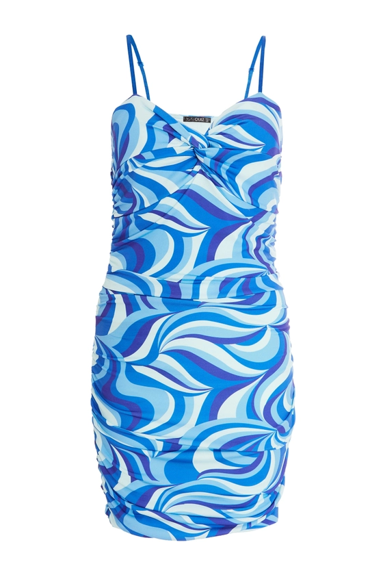 Blue Swirl Print Ruched Mini Dress