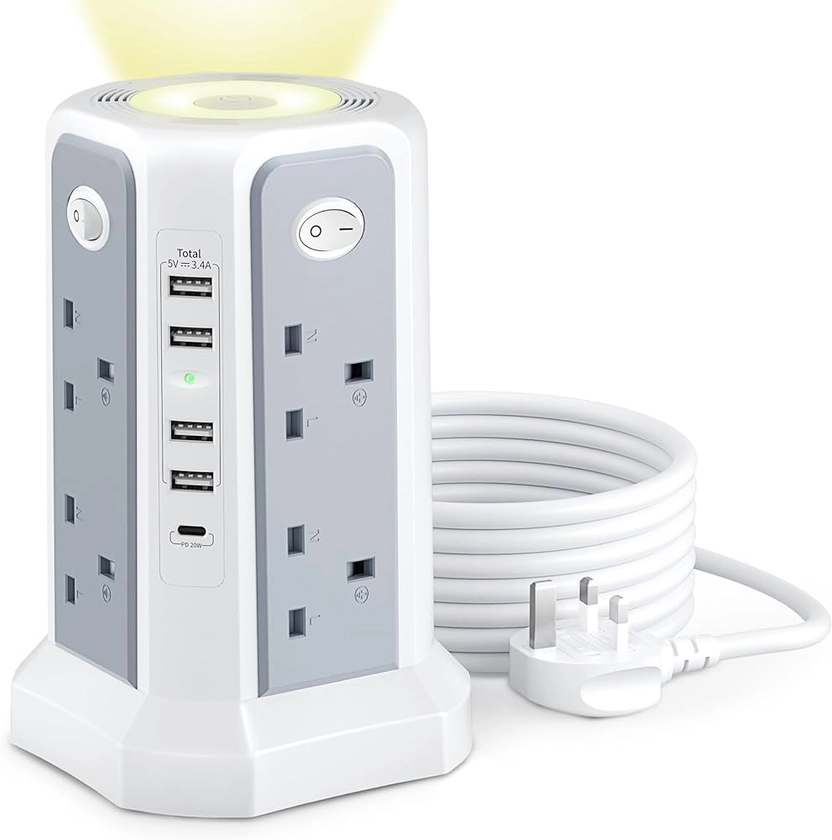 Tower Extension Lead with USB Slots and Night Light, 20W USB C Fast Charger, (13A 3250W)5 USB Ports & 8 Way Extension Tower, Surge Protected Extension Lead with 4 Switches, 3M Extension Cable: Amazon.co.uk: Electronics & Photo
