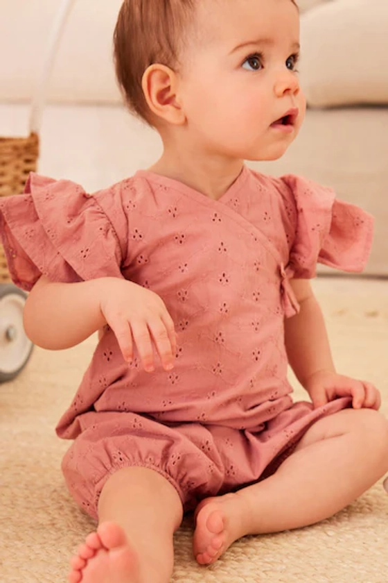 Pink Broderie Baby Wrap Romper (0mths-3yrs)