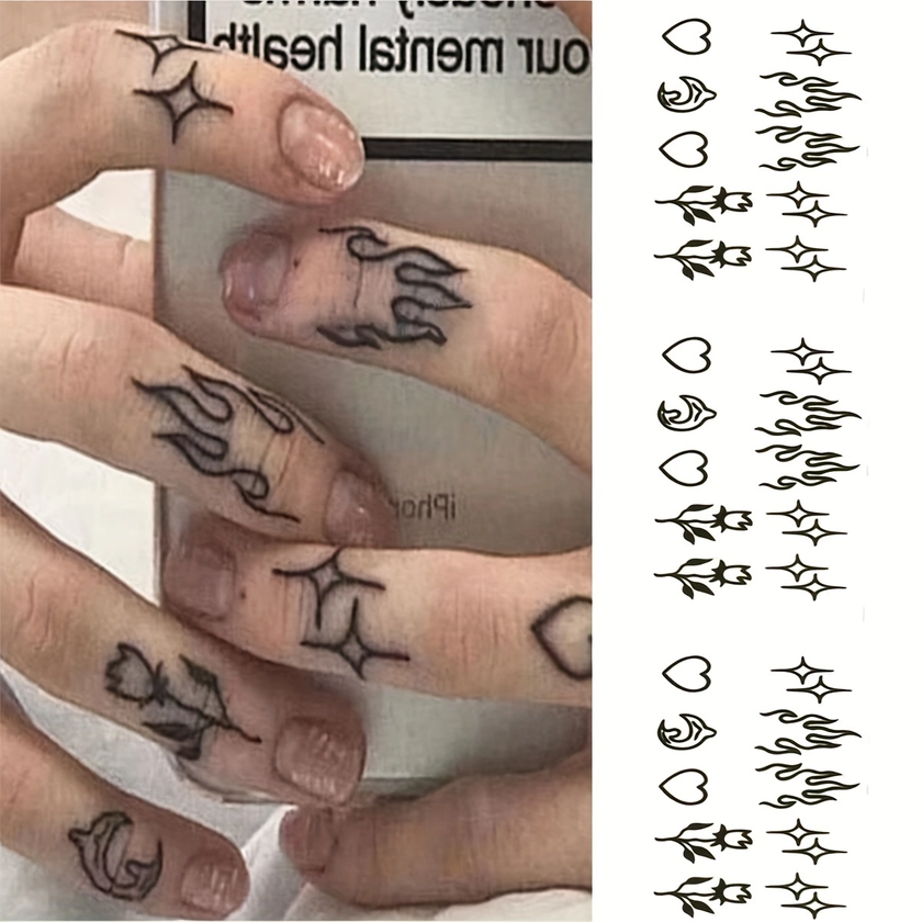 3pcs Waterproof Tattoo Stickers, With Designs Of Flames, Hearts, Stars, And Roses, Body Art Temporary Tattoos Suitable For Both Men And Women