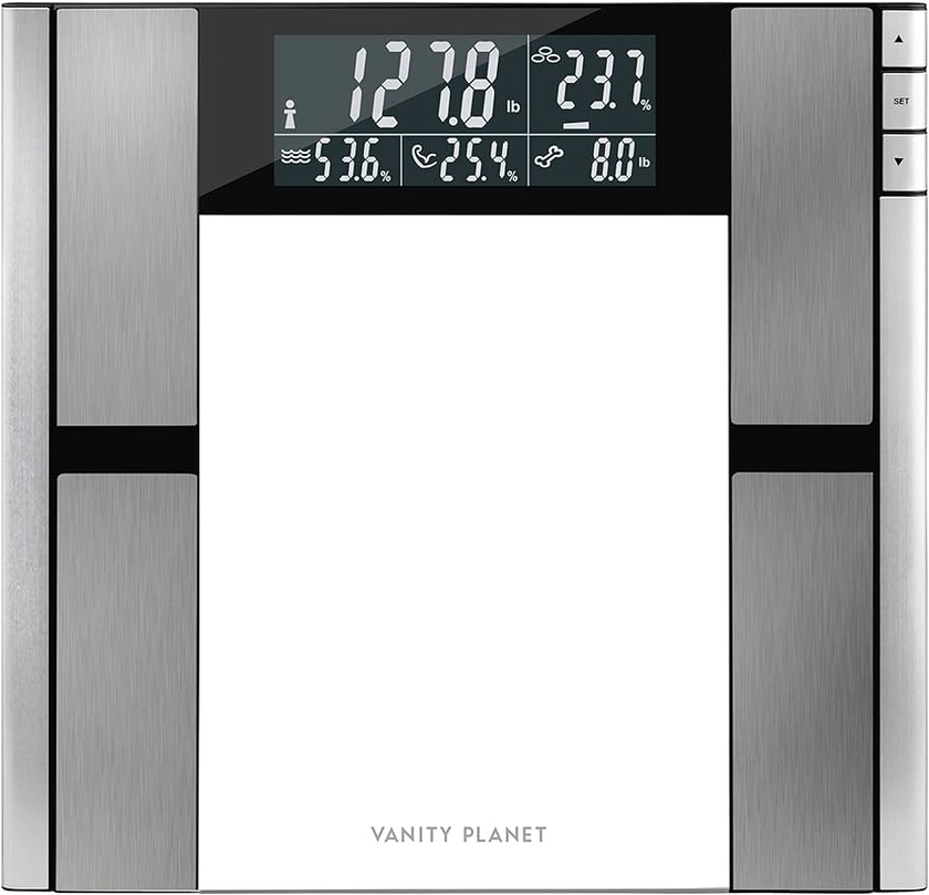 Digital Scale and Body Analyzer, Work It by Vanity Planet - Scales for Body Weight, Body Fat, Muscle Mass, Bone Density, Water Weight, 397 Pound Capacity, Silver, 1 Count (Pack of 1)