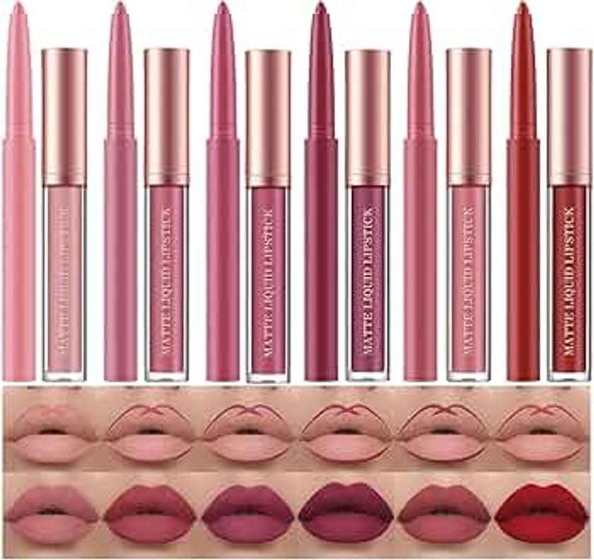 HQDA 12 Pcs Liquid Lipstick Lipliner Set Nude Lipliner Matte Lipstick Long Lasting Non-Fading Stay On 24 Hours Waterproof Lip Glosses Makeup Set Gift For Women (Set B)