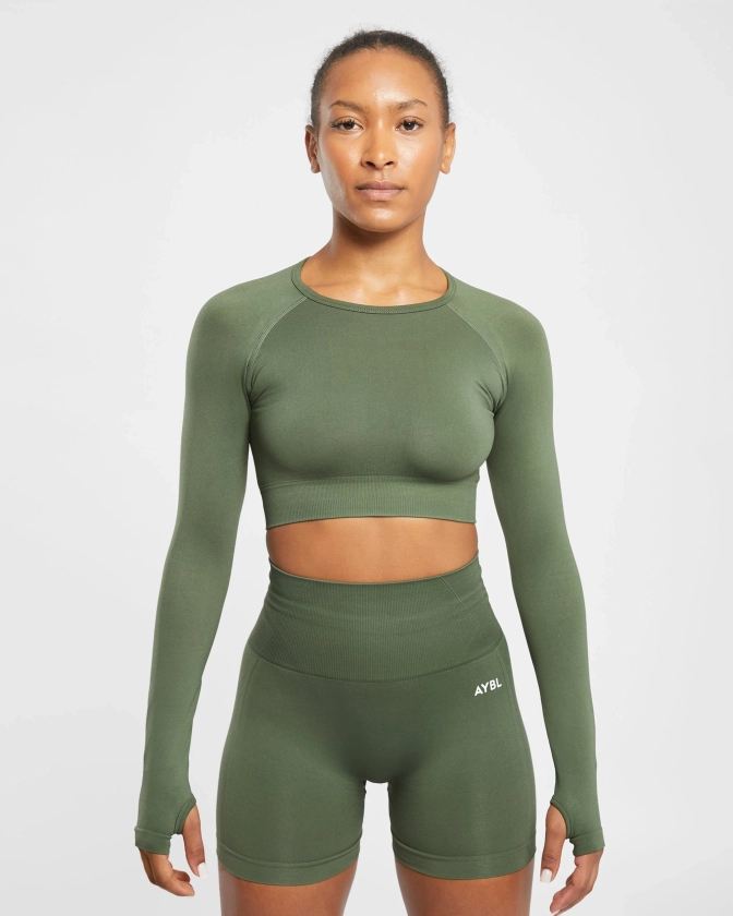 Empower Seamless Long Sleeve Crop Top - Khaki Vert